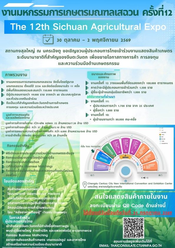ประเทศไทยได้รับเกียรติเป็นประเทศเกียรติยศ เชิญผู้ประกอบการไทยร่วมงานมหกรรมการเกษตรมณฑลเสฉวน ครั้งที่ 12 พบ Business Matching นวัตกรรมเกษตร และโอกาสขยายตลาดจีน
